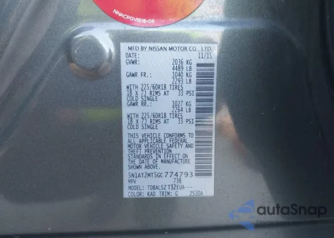 2016 Nissan Rogue Sl z USA, uszkodzony, nr VIN 5N1AT2MT5GC774793